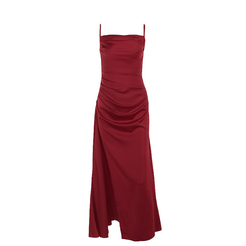 Satin Cowl Neck Spaghetti Strap Ruched High Split Mermaid Maxi Dress - View 5