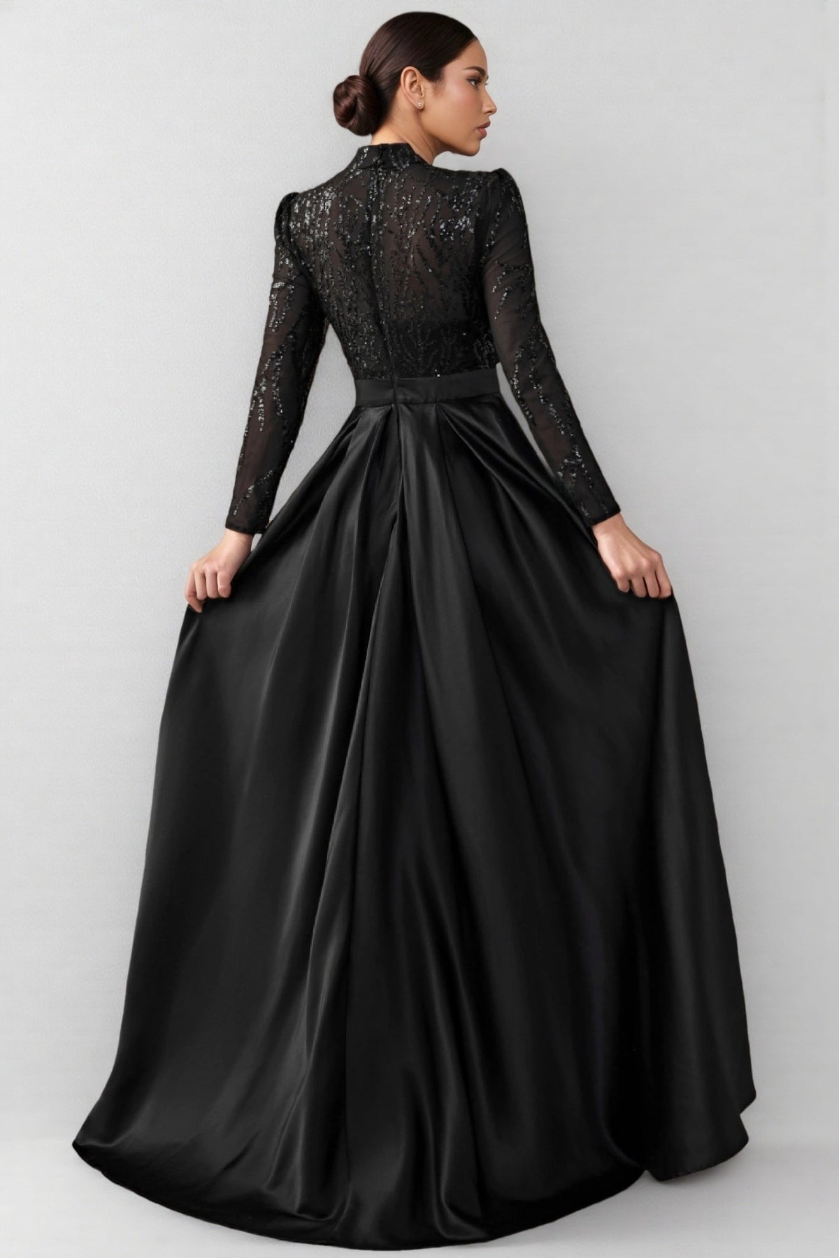 Moto Sequin Satin Long-Sleeved Maxi Dress - View 6
