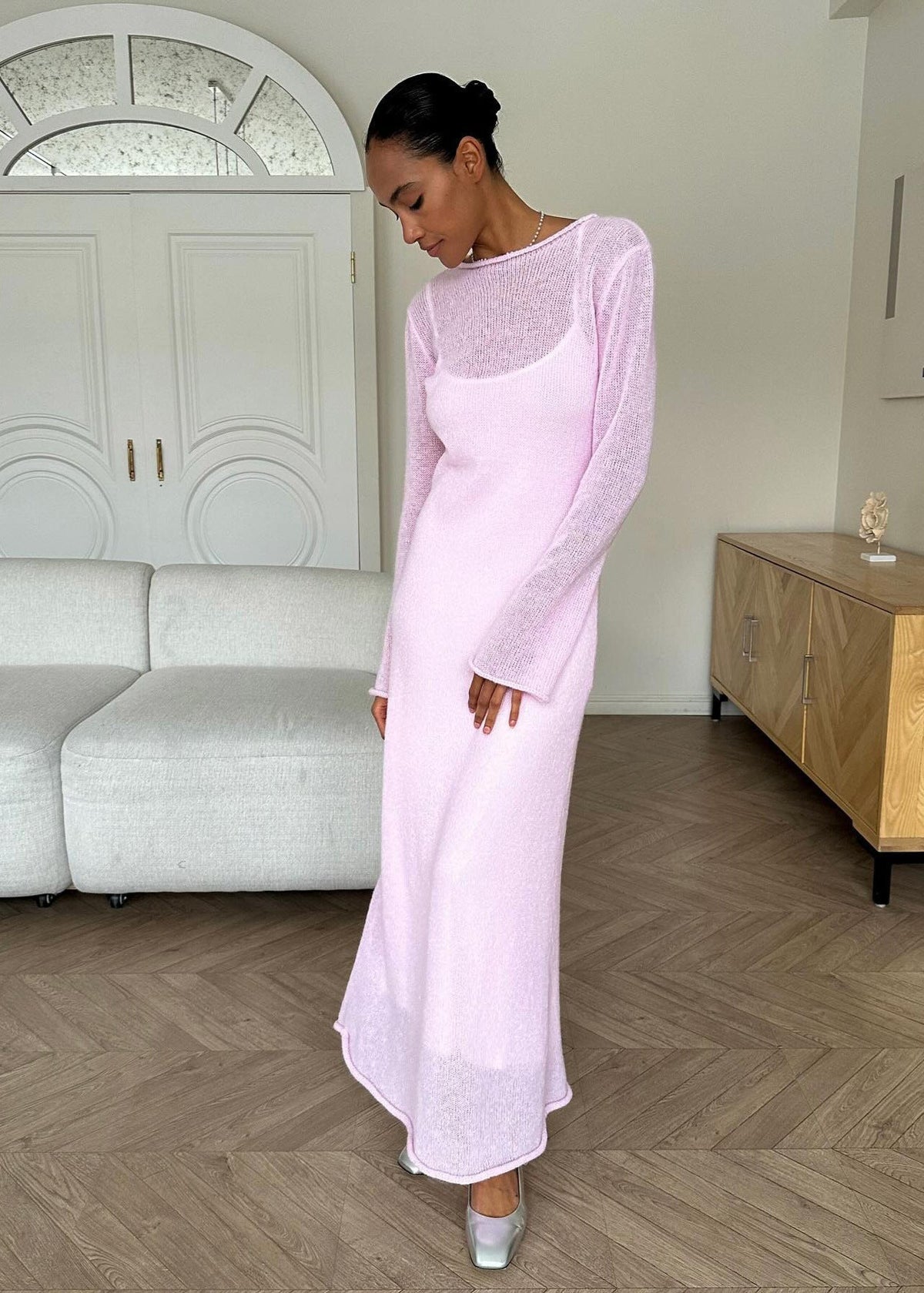 Sheer Knit LayeRed Maxi Dress in Pink