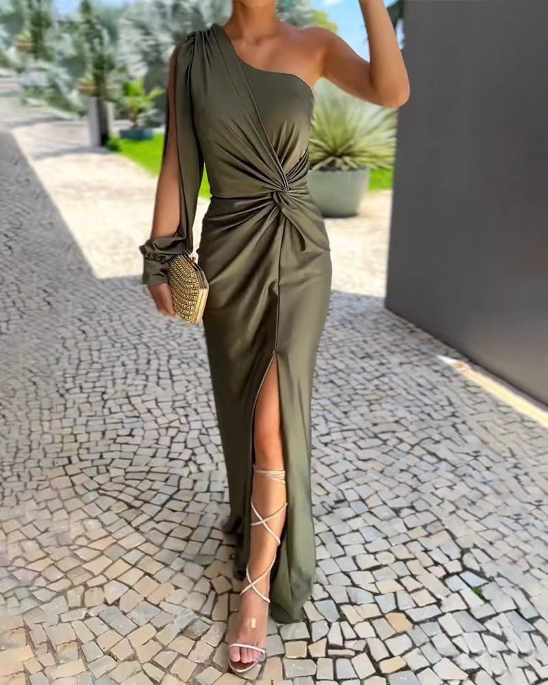 One Shoulder Puff Sleeve Twisted Knot Waist High Split Midi Dress - View 2