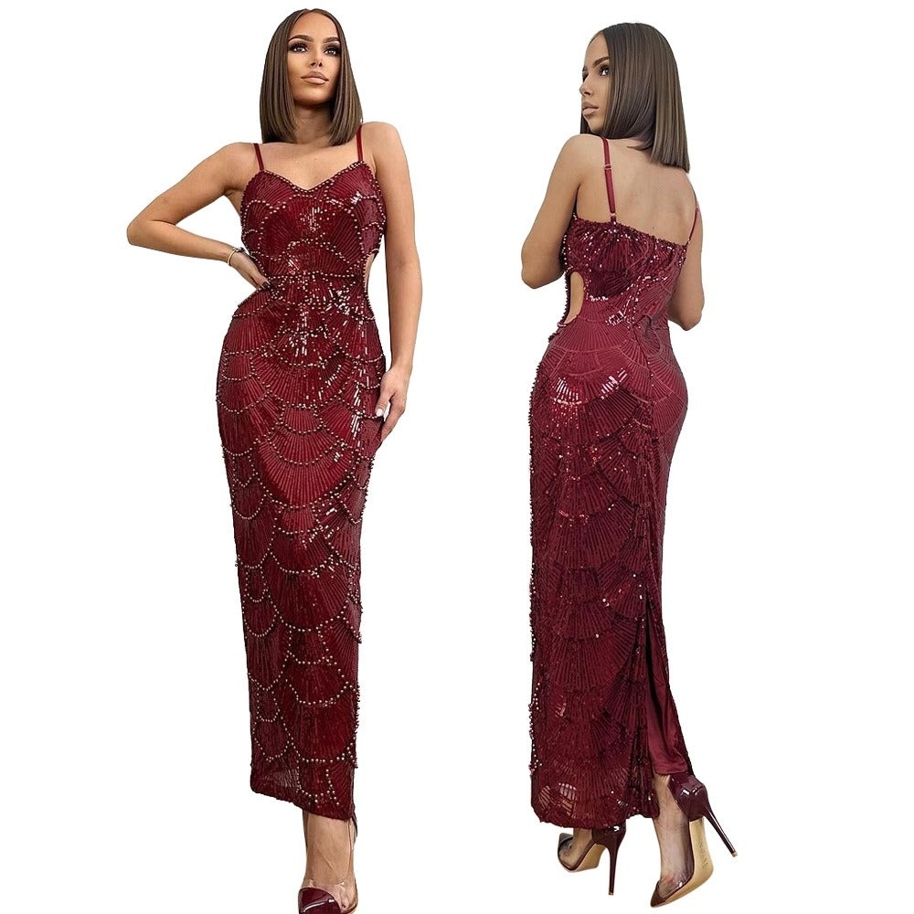 Sequin Beaded Strapless Slit Dress - View 6