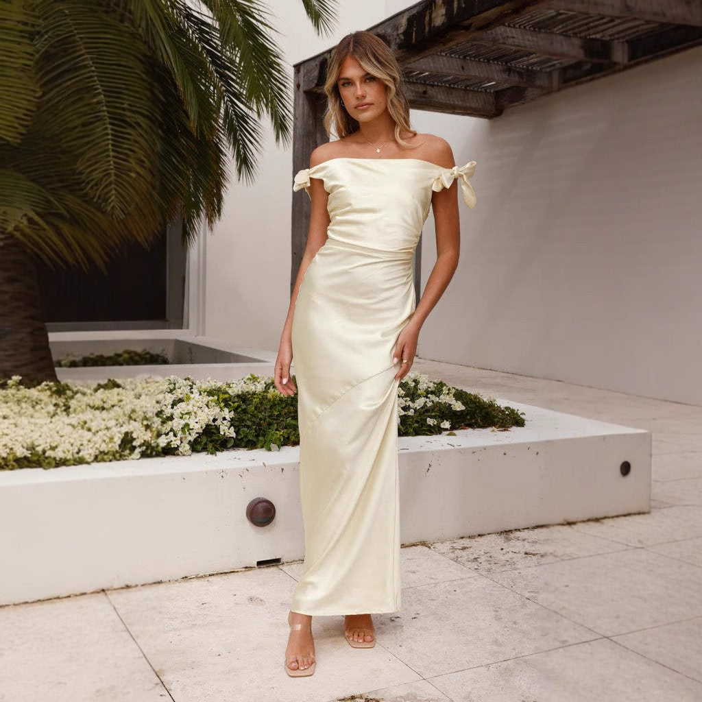 Satin Off Shoulder Bow Strap Ruched Bodycon Maxi Dress - View 2