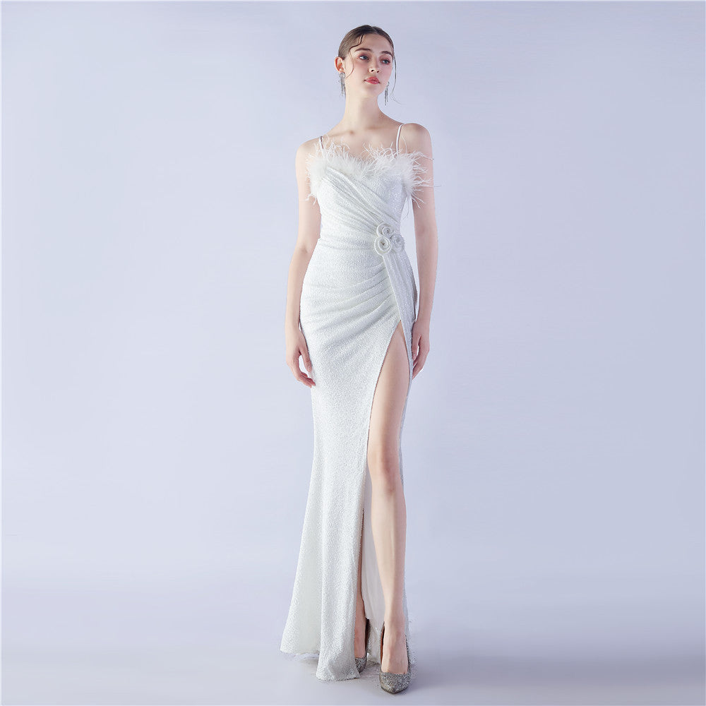 Sequin Spaghetti Strap Feather Trim High Split Mermaid Gown - View 2