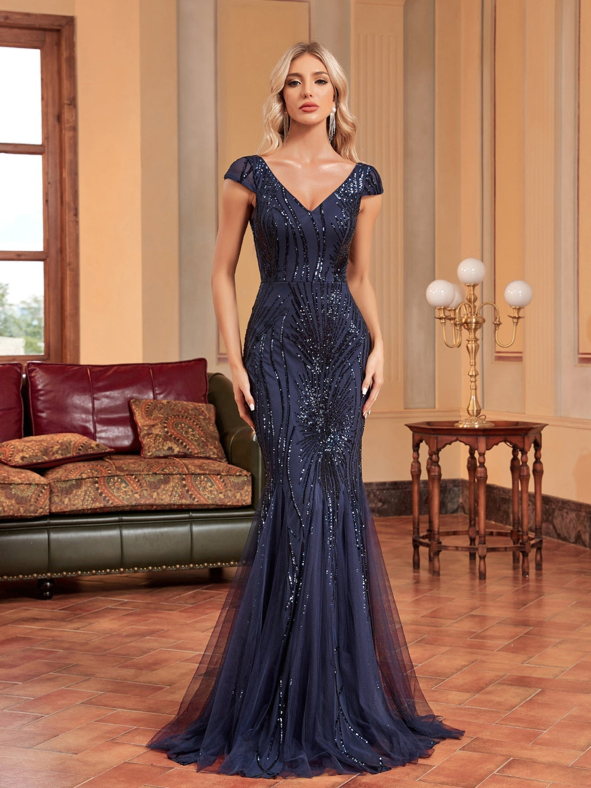 Sequin V-Neck Cap Sleeve Tulle Mermaid Maxi Gown - View 7