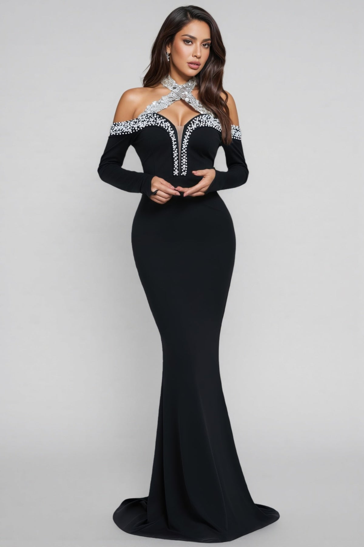Rhinestone Halter Neck Off Shoulder Mesh Inset Mermaid Gown - View 4
