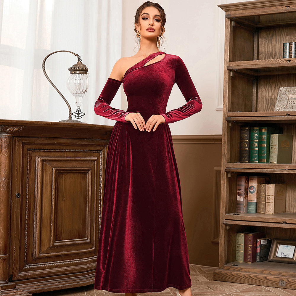Velvet One Shoulder Long Sleeve Cut Out Fit and Flare Maxi Dress - View 3