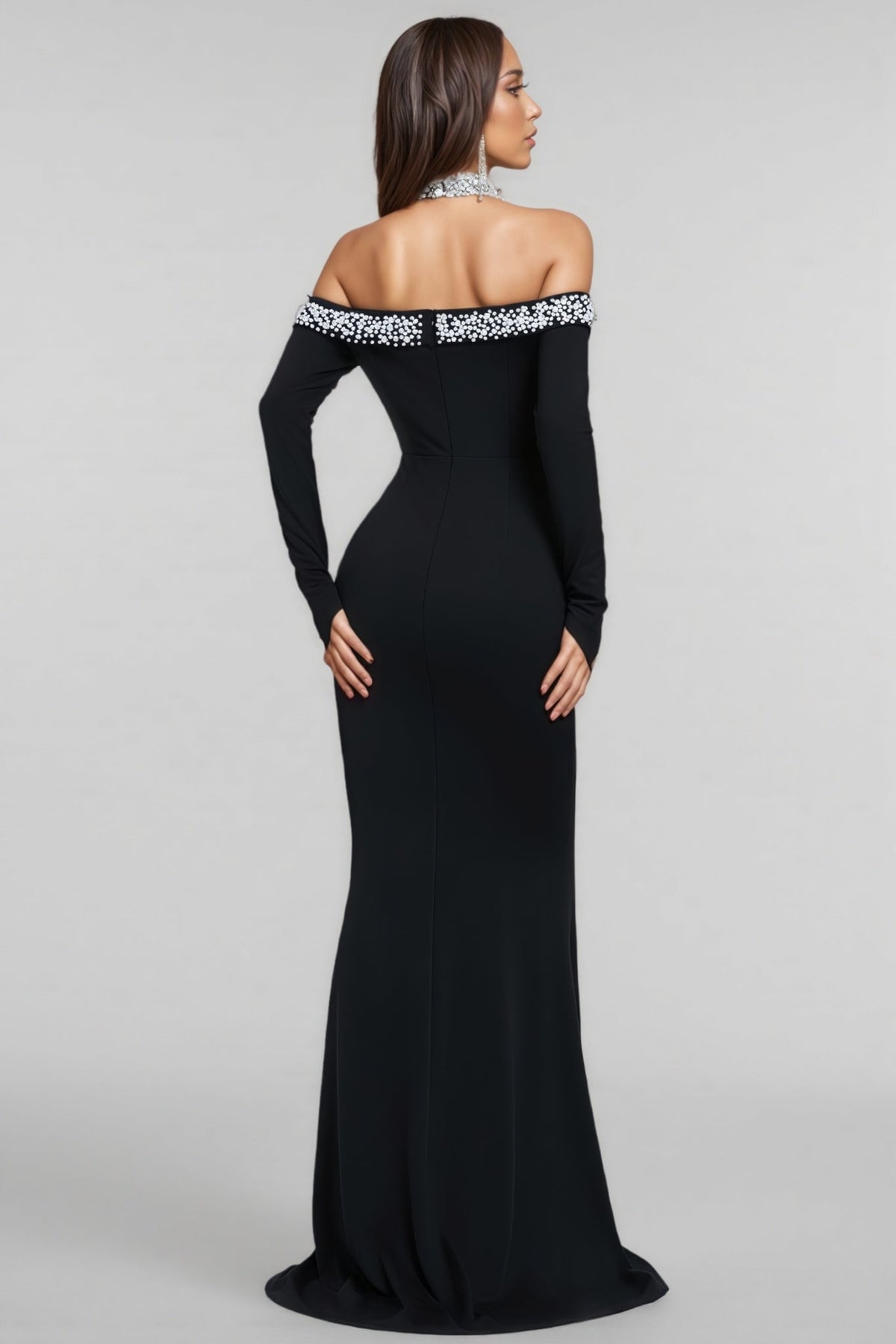 Rhinestone Halter Neck Off Shoulder Mesh Inset Mermaid Gown - View 7