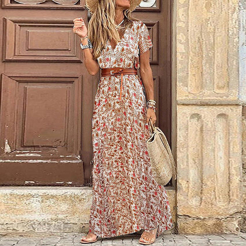V-Neck Short Sleeve Belted High Split Tiered Boho Maxi Dress - View 5