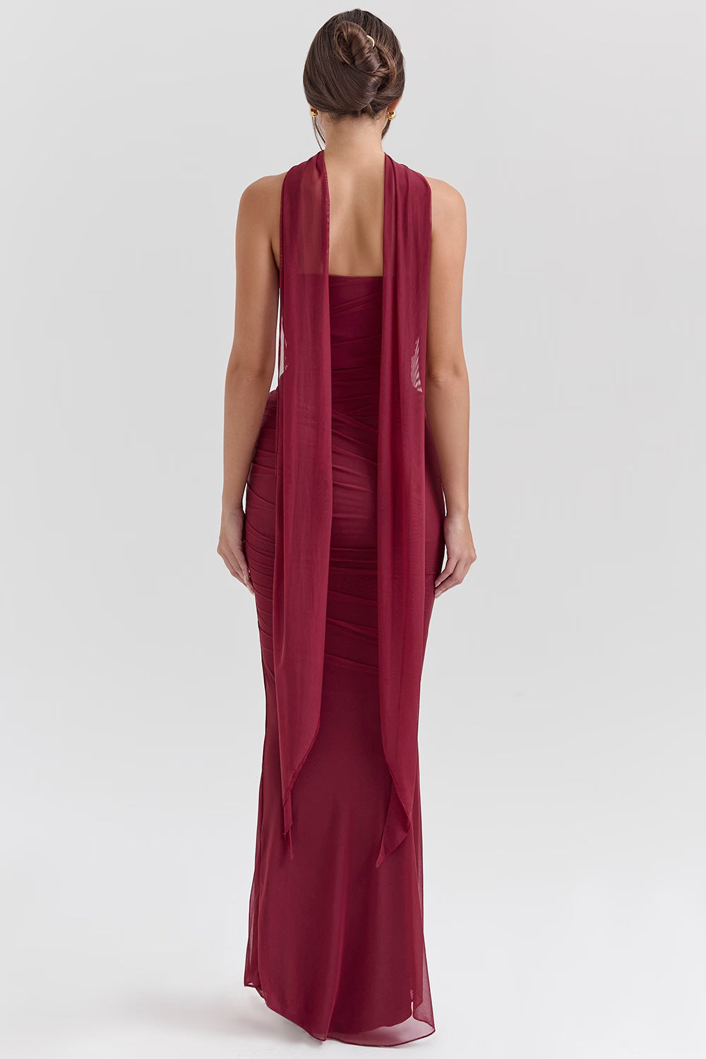 One Shoulder Draped Sash Ruched Fishtail Maxi Gown - View 10