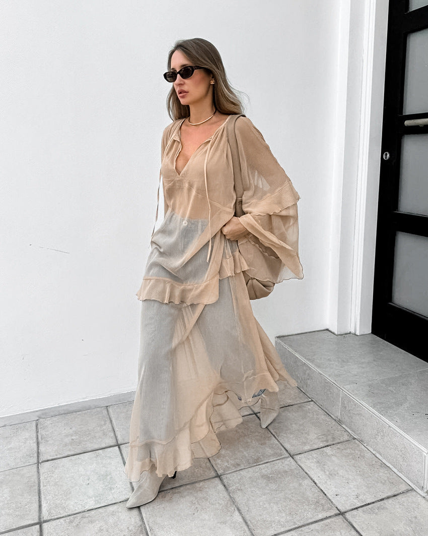 Sheer Tiered V-Neck Tie Neck Long Flared Ruffle Sleeve Maxi Dress