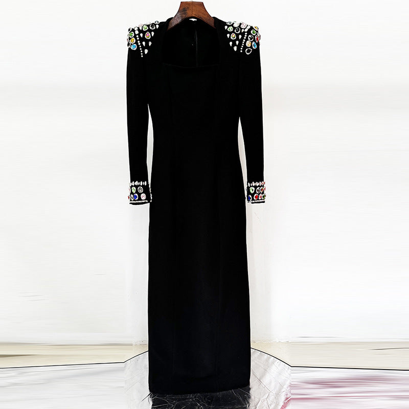 Square Neck Long Sleeve Beaded Column Maxi Evening Gown - View 2