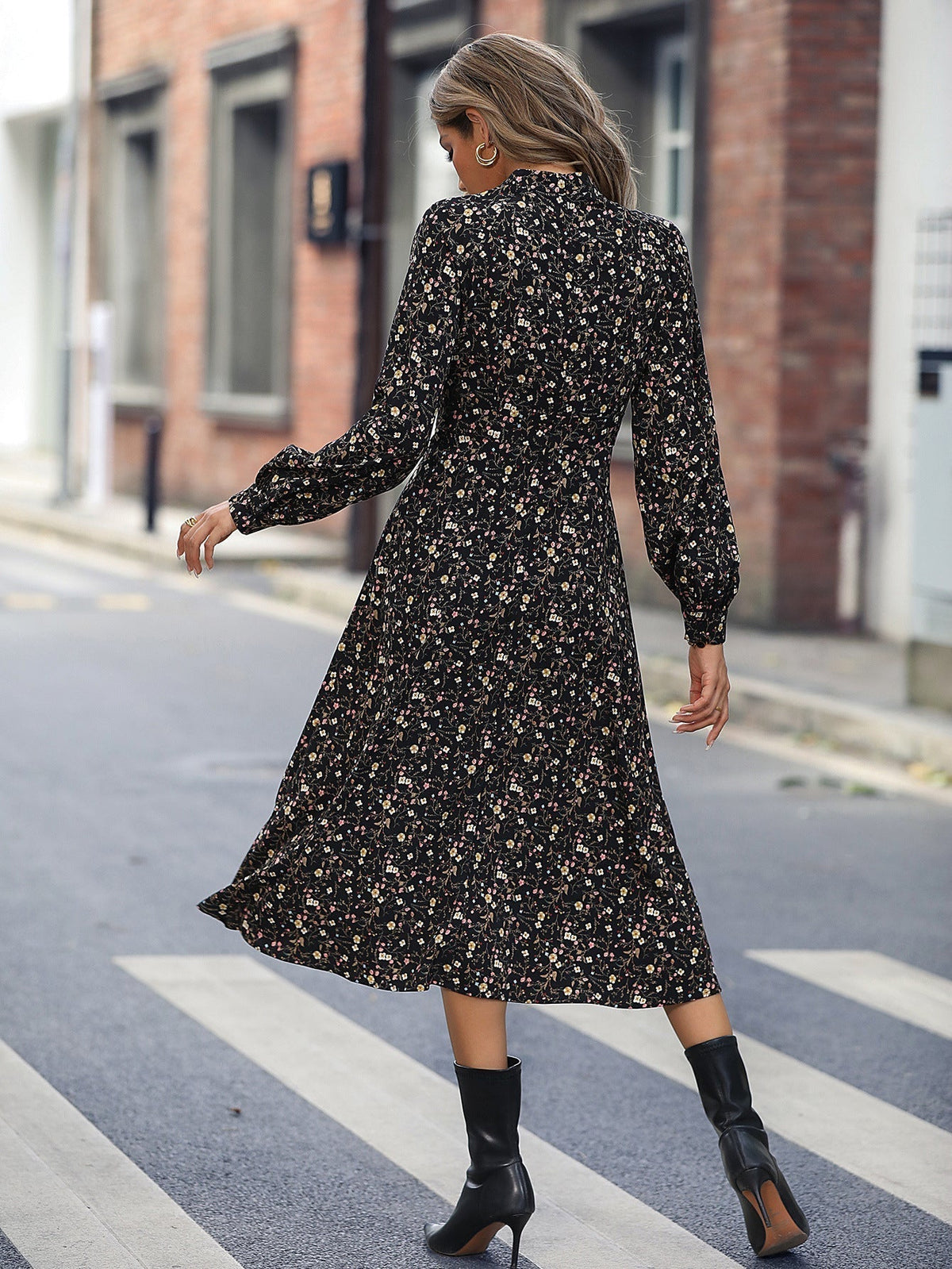 Floral Print Mock Neck Keyhole Bishop Sleeve A-Line Midi Dress - View 6
