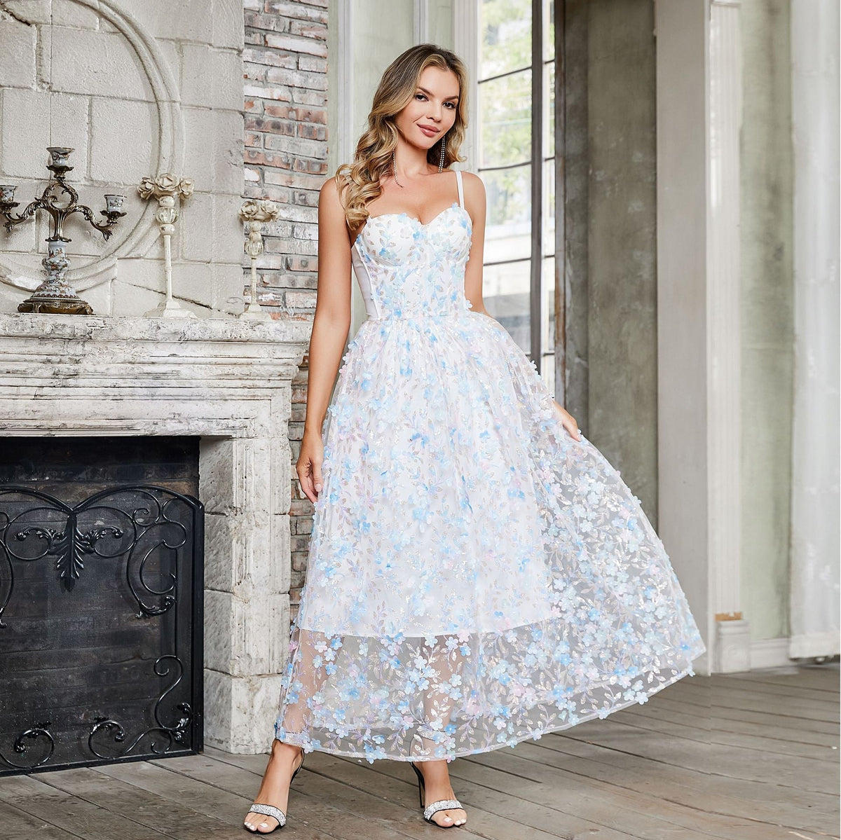 Floral Sweetheart Spaghetti Strap Corset Tulle A-Line Midi Dress - View 4