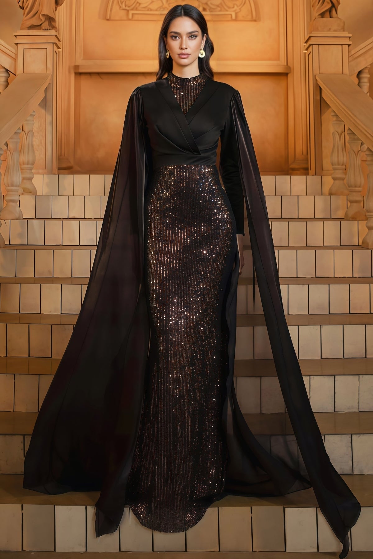 Mirt Black Round Neck Sequin Maxi Dress