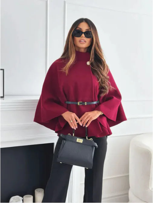 High Neck Belted Batwing Sleeve Cape Jacket 4