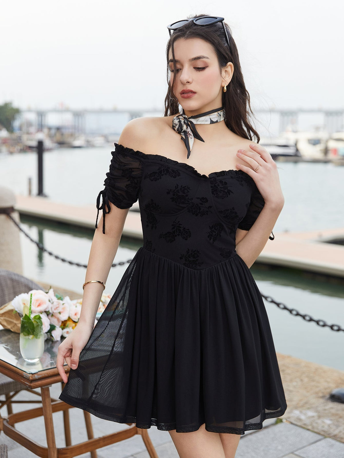 Off Shoulder Drawstring Cuffs Mesh Dress