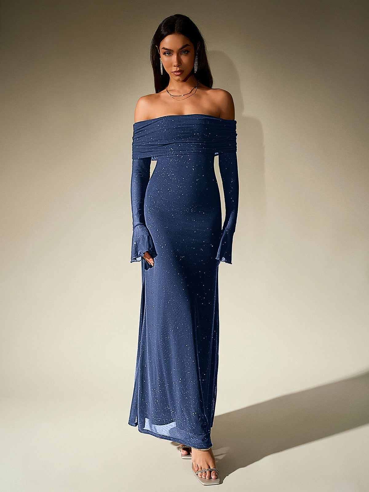 Off Shoulder Flounce Sleeve Mesh Sequin Dress - View 11