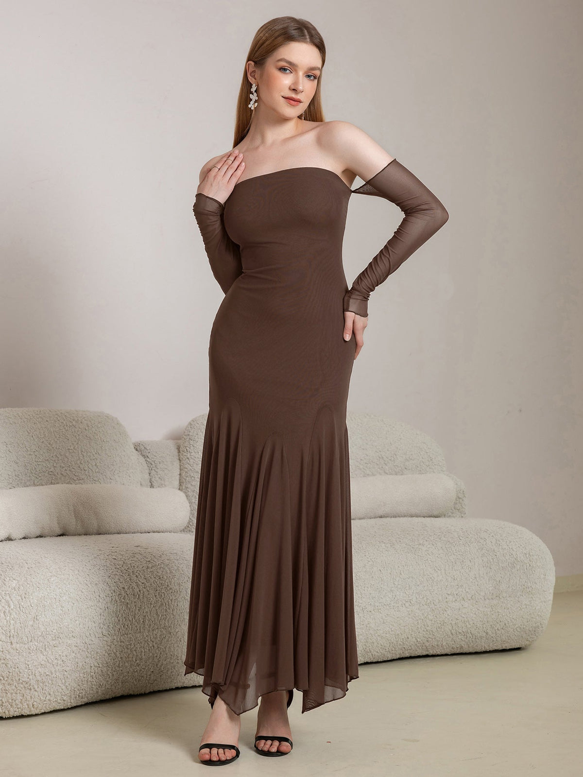 Off Shoulder Pleated Hem Mesh Bodycon Dress