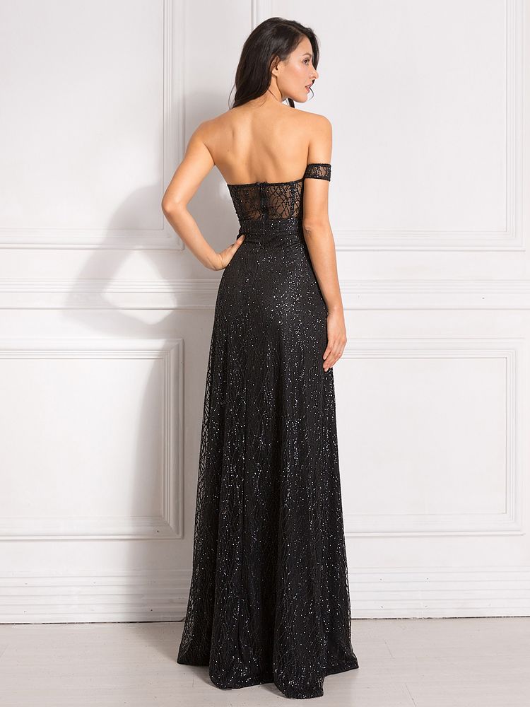 Bling Glitters Floor Length Split Party Backless Long Black Dress - View 2