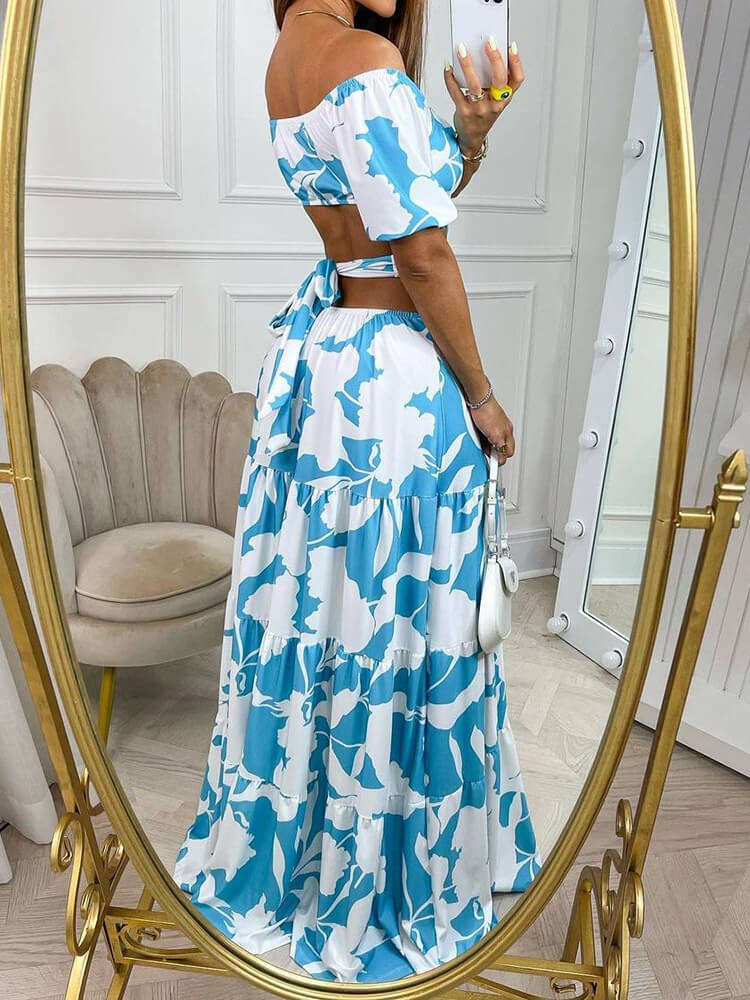 Off Shoulder Puff Sleeve Side Cut Out Tiered Maxi Dress - View 4