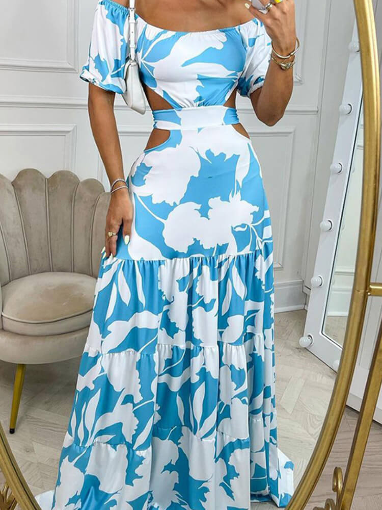 Off Shoulder Puff Sleeve Side Cut Out Tiered Maxi Dress - View 3