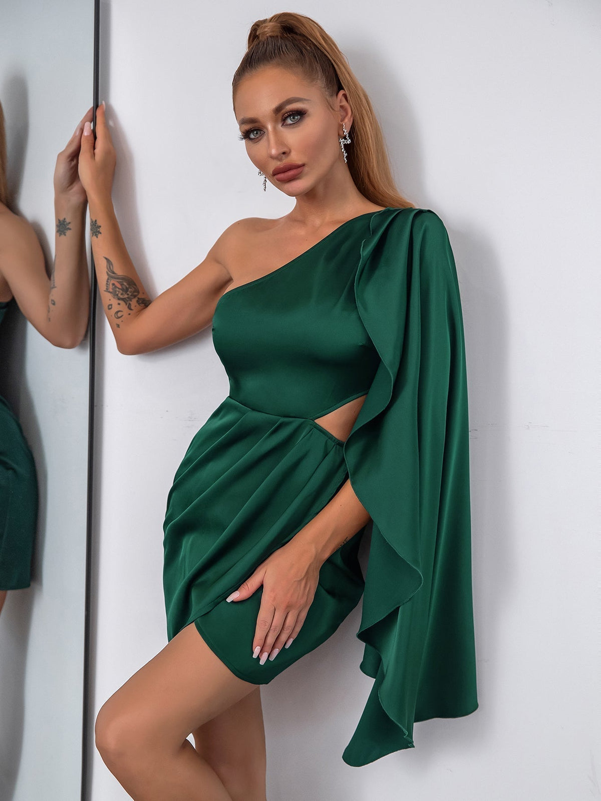 One Shoulder Drape Side Cut Out Satin Dress - View 13