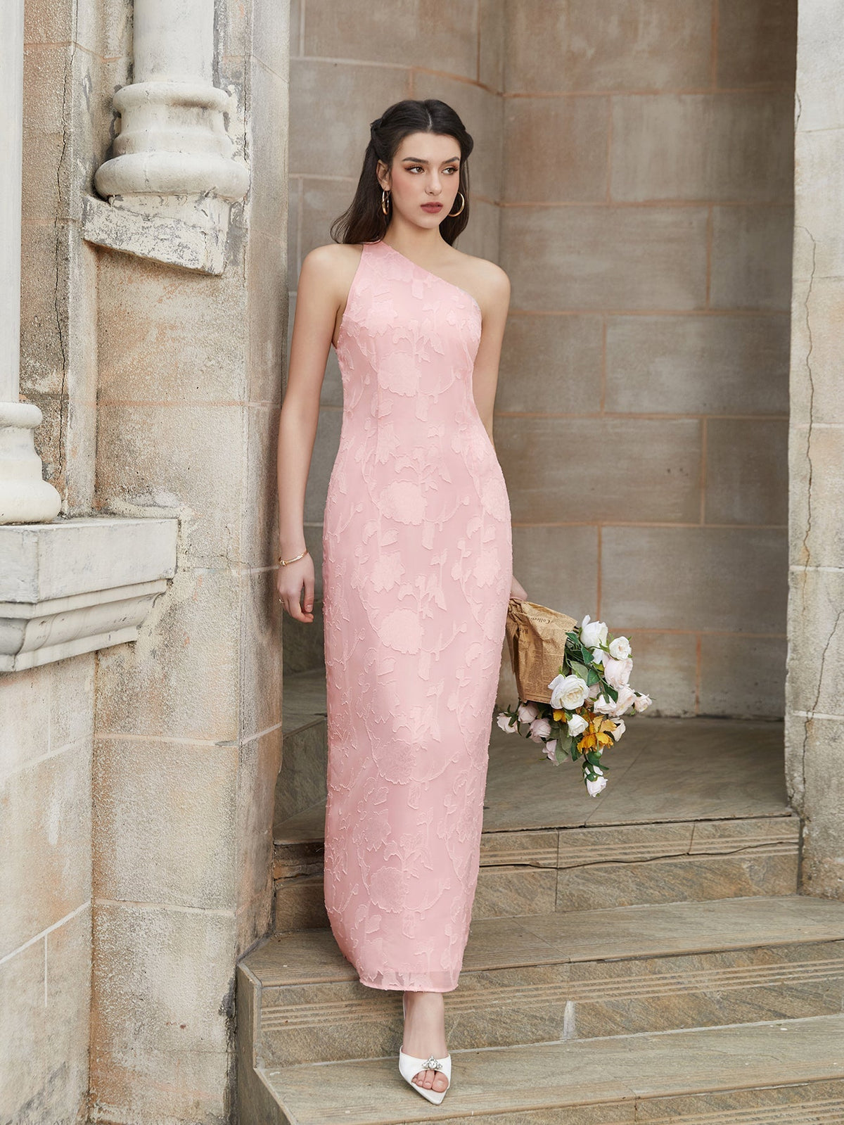 One Shoulder Tie Back Backless Jacquard Long Dress
