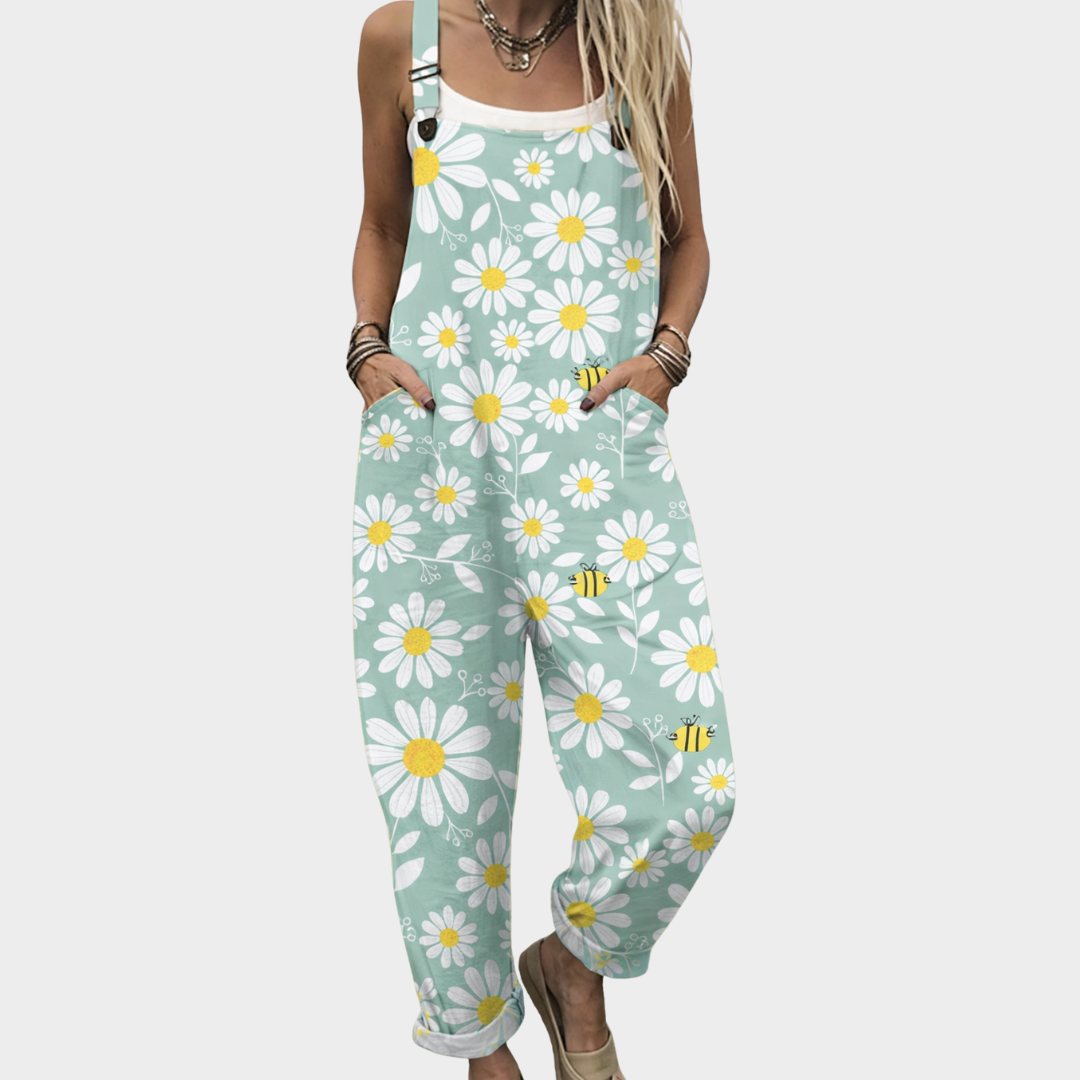 Daisy Bee Print Wide Leg Overall Jumpsuit
