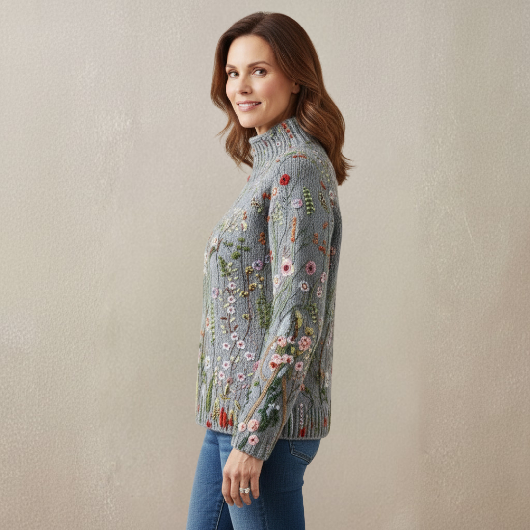 Mock Neck Floral Embroidered Knit Sweater 3