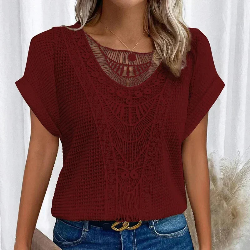 Crochet Lace Panel Waffle Knit Short Sleeve Top 8