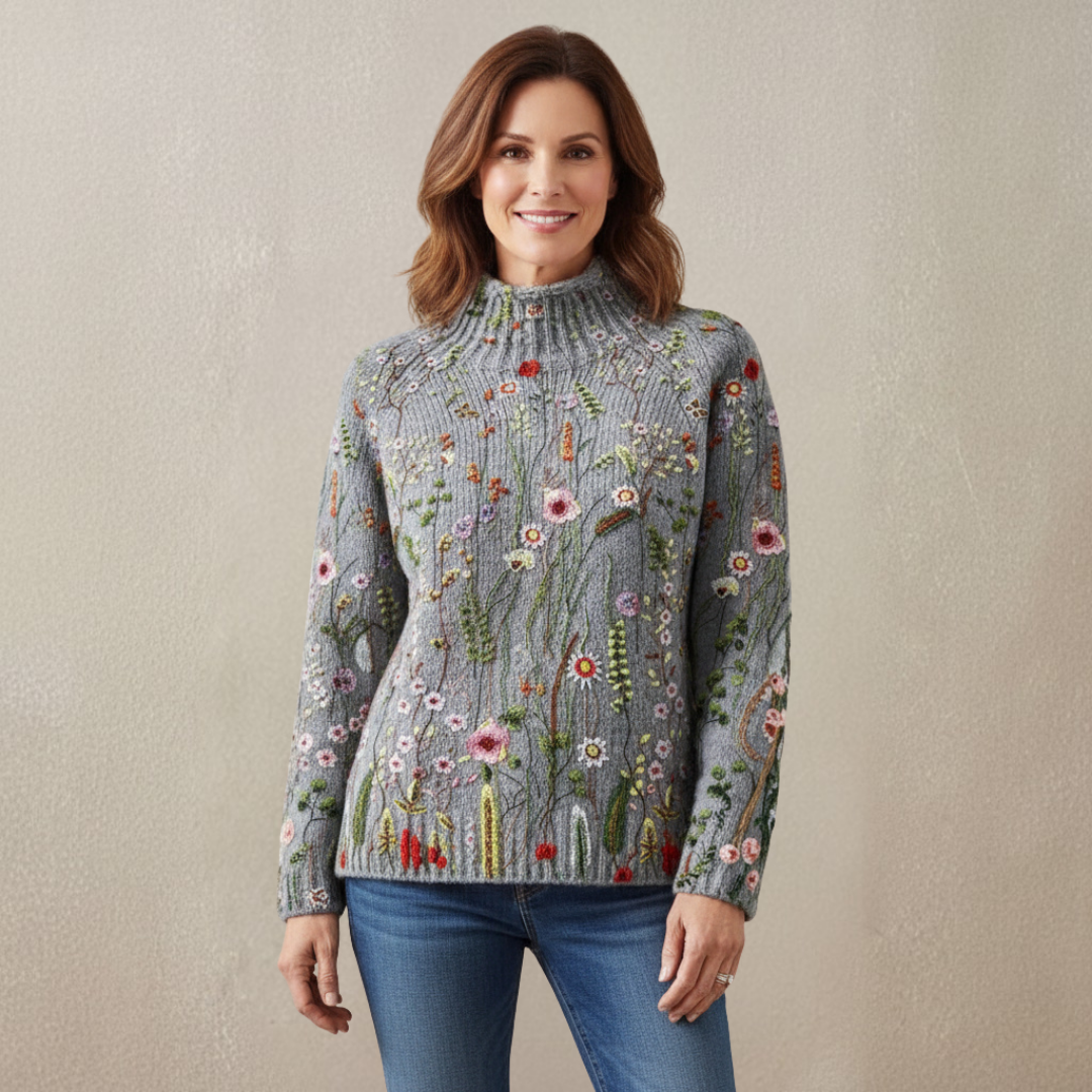 Mock Neck Floral Embroidered Knit Sweater