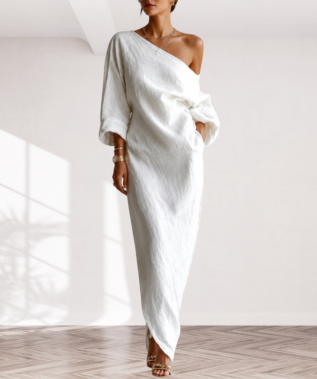 One Shoulder Long Sleeve Textured Slouchy Maxi Dress 2