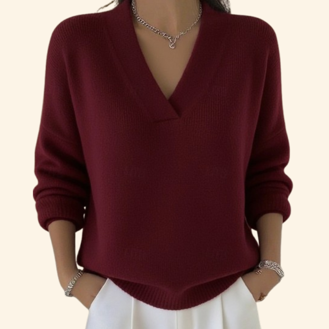 V-Neck Long Sleeve Ribbed Trim Sweater