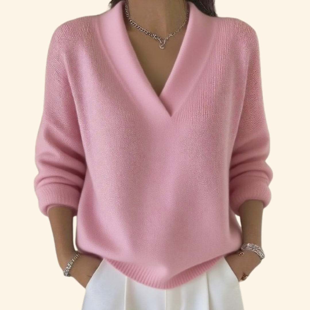 V-Neck Long Sleeve Ribbed Trim Sweater 2