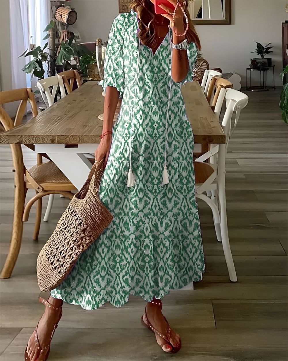 Ikat Print V-Neck Puff Sleeve Tiered Maxi Dress 2
