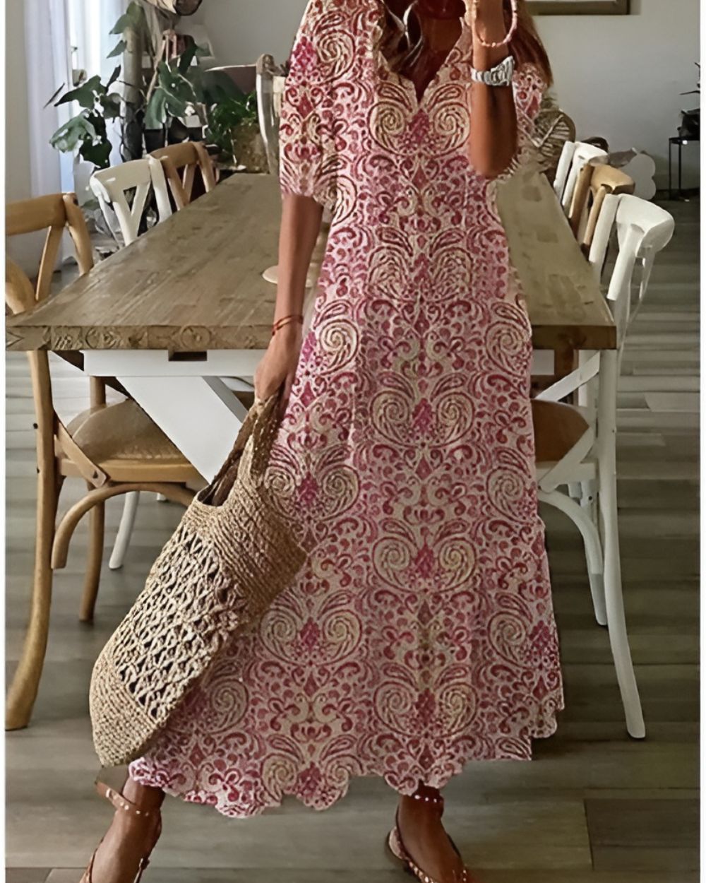 Ikat Print V-Neck Puff Sleeve Tiered Maxi Dress 5