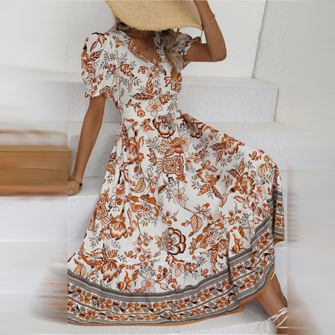 Floral Print V-Neck Puff Sleeve Tiered Ruffle Hem Midi Summer Dress - View 6
