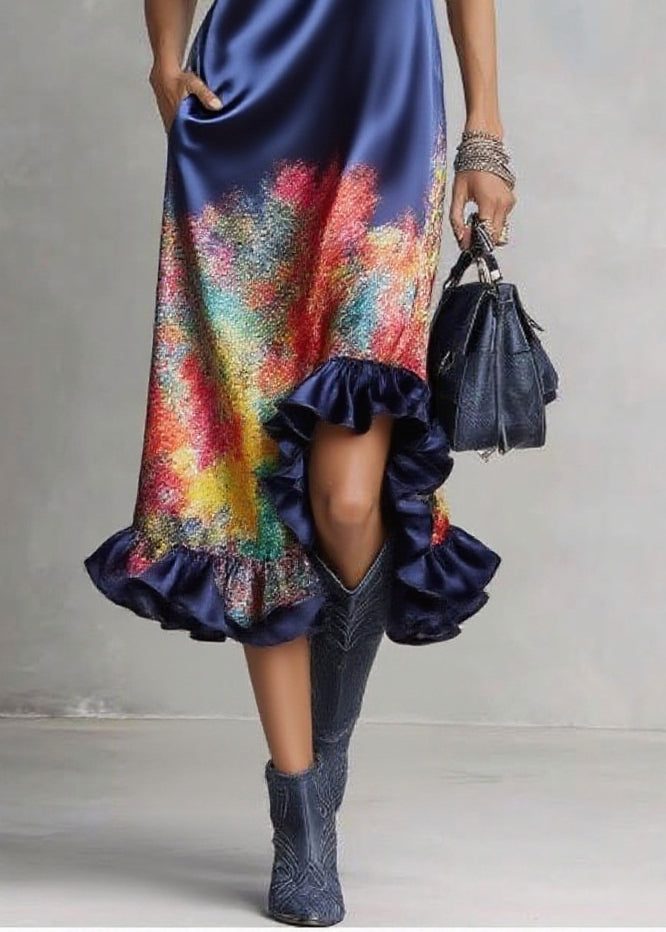 Satin High Collar Deep V-Neck Sleeveless Abstract Midi Dress - View 4