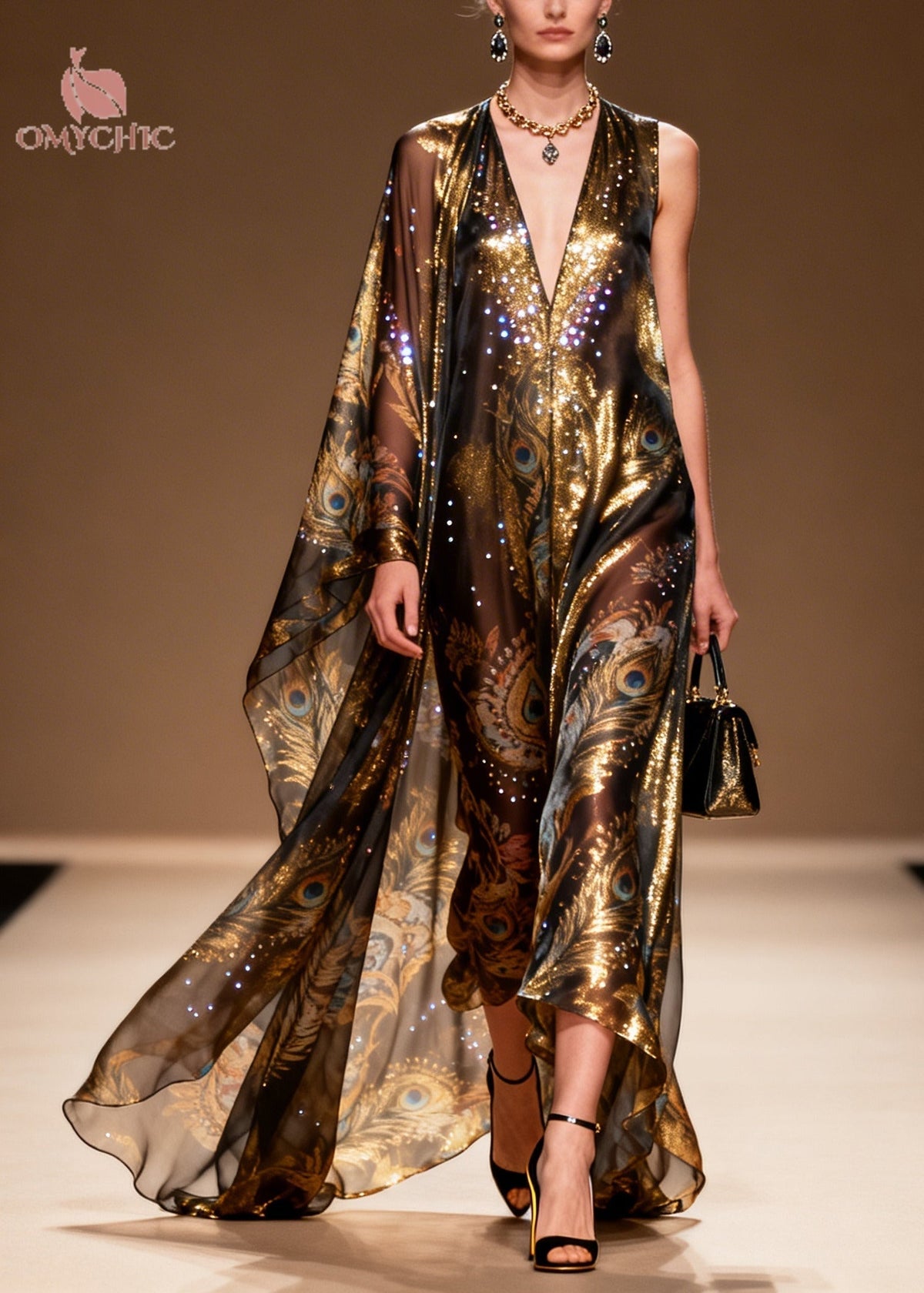Peacock Print Sequin Deep V-Neck One Shoulder Cape Maxi Gown