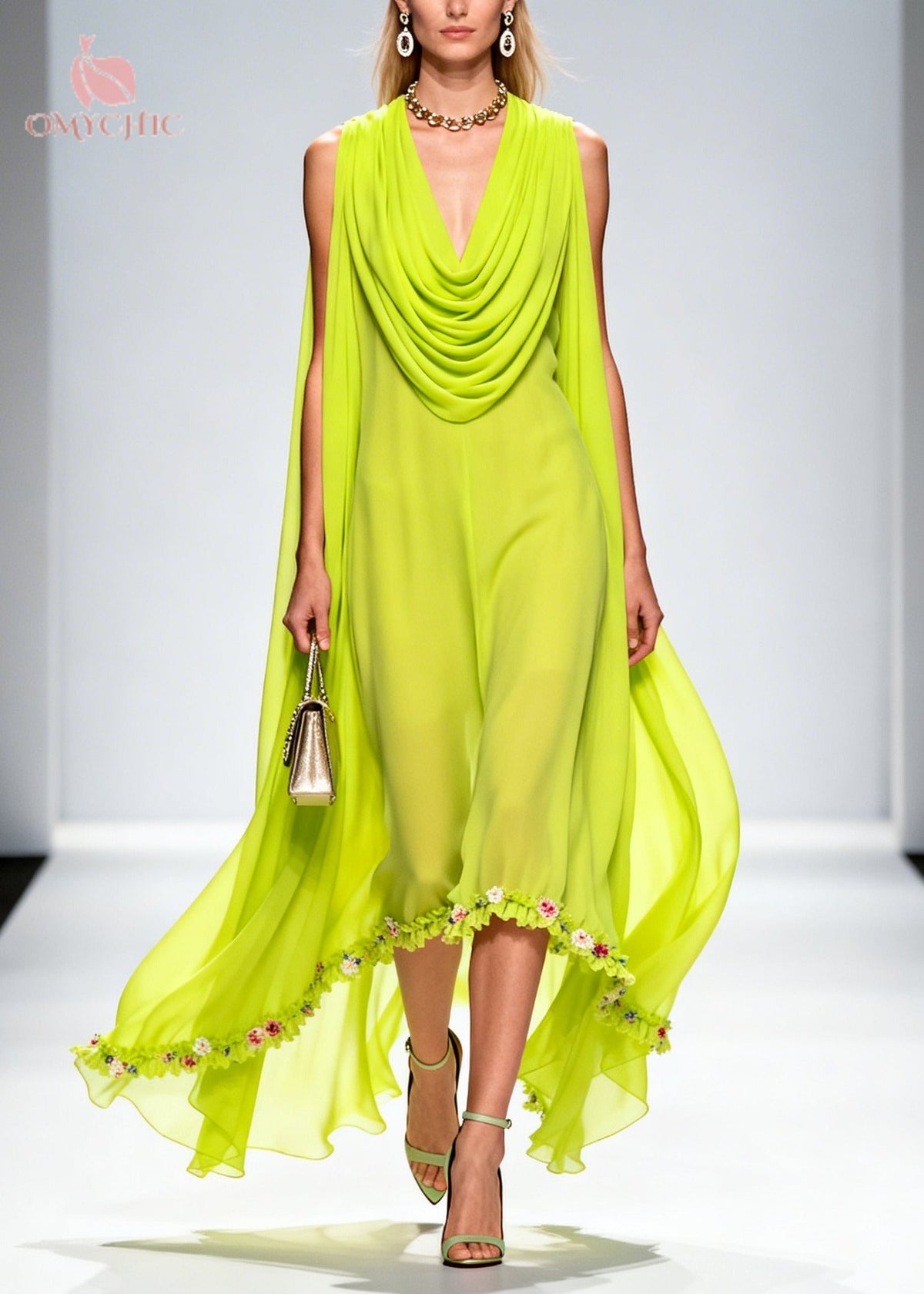 Sleeveless Cowl Neck Cape Wing Floral Trim High Low Chiffon Maxi Dress