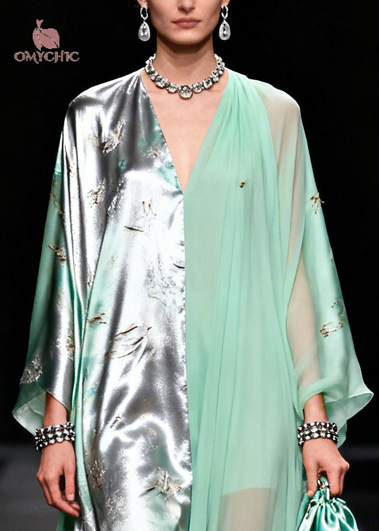 Two Tone Split Panel Deep V-Neck Kaftan Sleeve Layered Maxi Gown - View 2