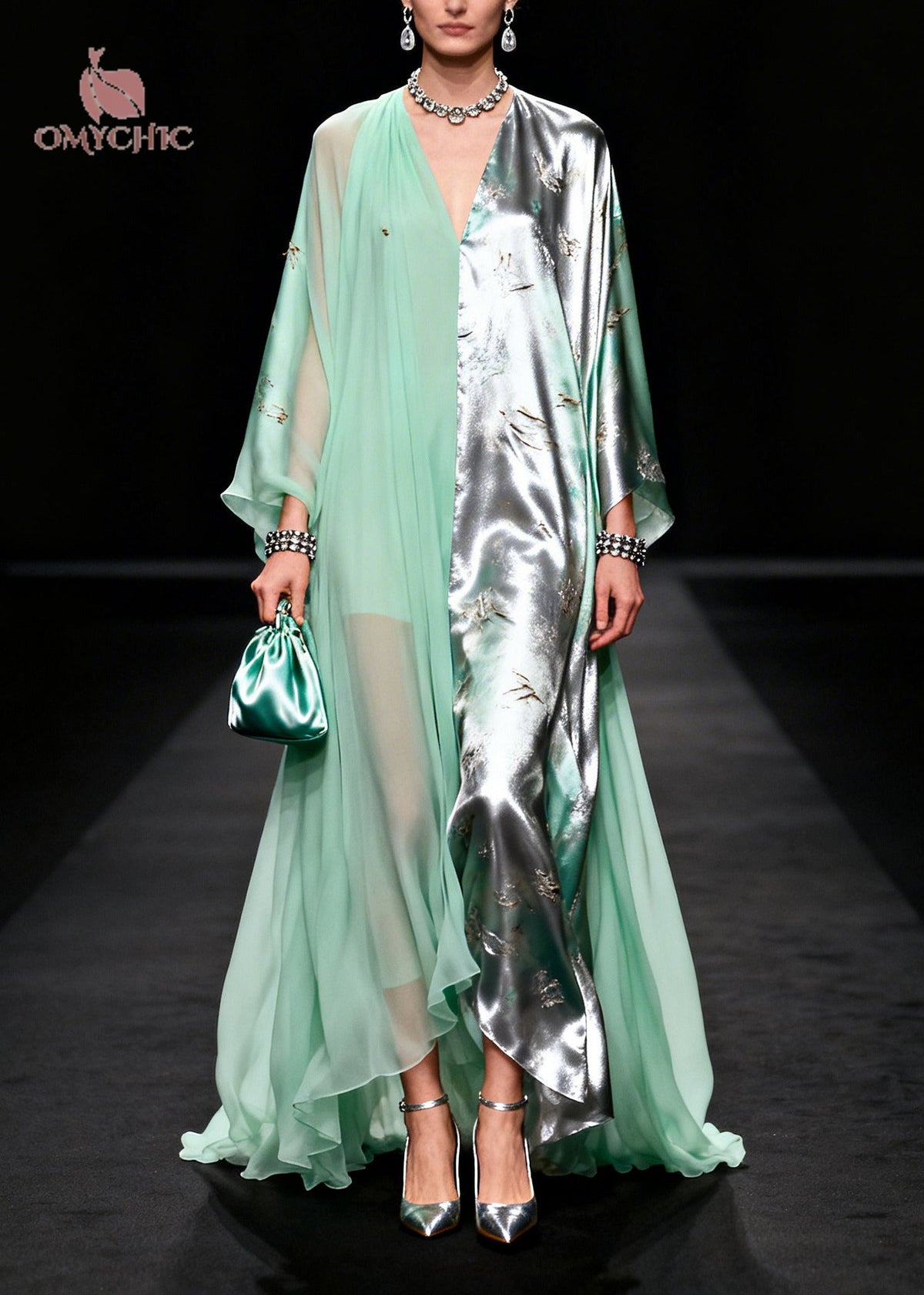 Two Tone Split Panel Deep V-Neck Kaftan Sleeve Layered Maxi Gown - View 3
