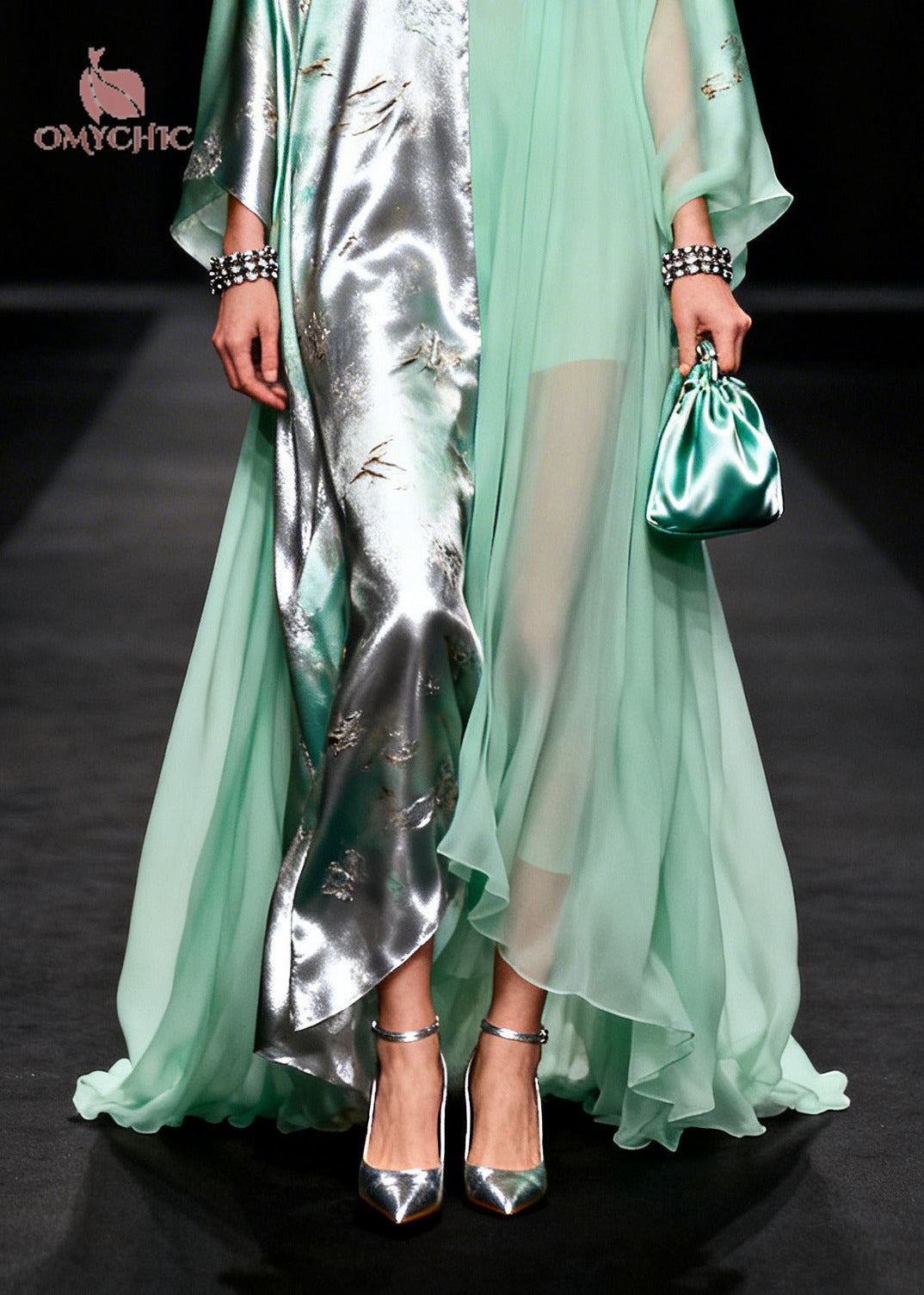 Two Tone Split Panel Deep V-Neck Kaftan Sleeve Layered Maxi Gown - View 4