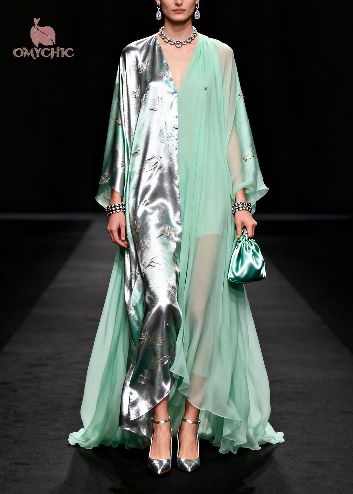 Two Tone Split Panel Deep V-Neck Kaftan Sleeve Layered Maxi Gown - View 5