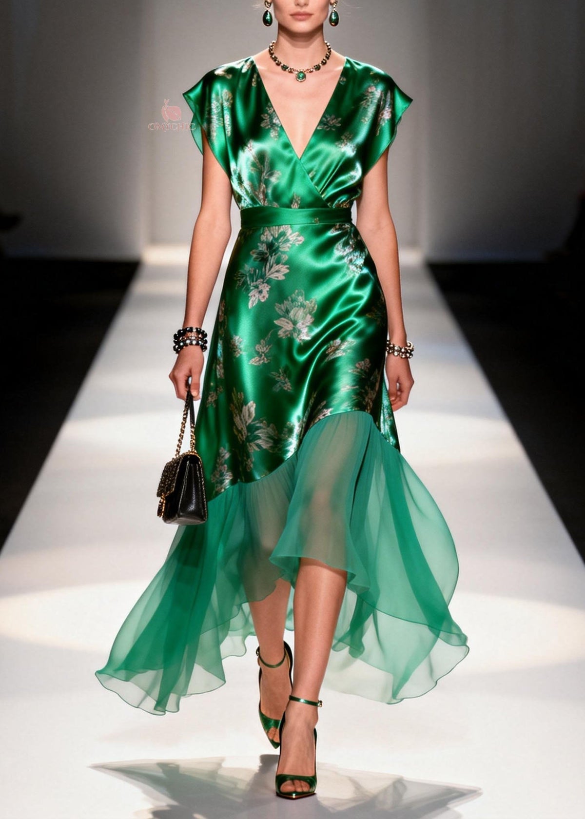 Cap Sleeve V-Neck Wrap Floral Satin Tiered Chiffon Midi Dress