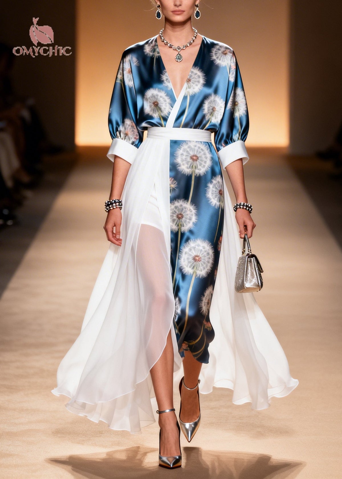 Chiffon Dandelion Print Wrap V-Neck Puff Sleeve Belted Maxi Dress