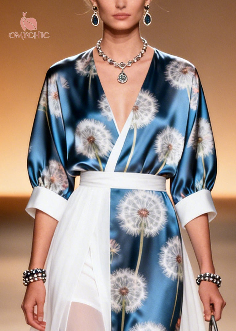 Chiffon Dandelion Print Wrap V-Neck Puff Sleeve Belted Maxi Dress - View 2