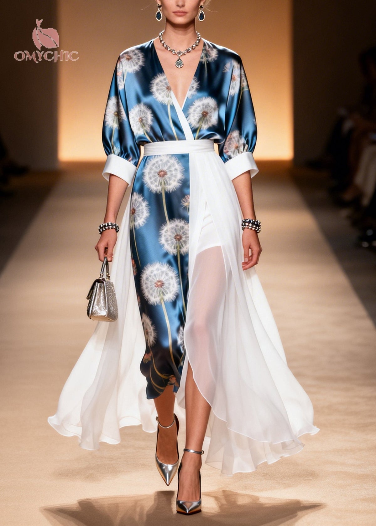 Chiffon Dandelion Print Wrap V-Neck Puff Sleeve Belted Maxi Dress - View 3