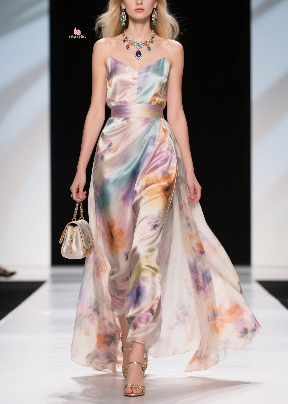 Satin Spaghetti Strap V-Neck Pleated Waist Band Maxi Gown