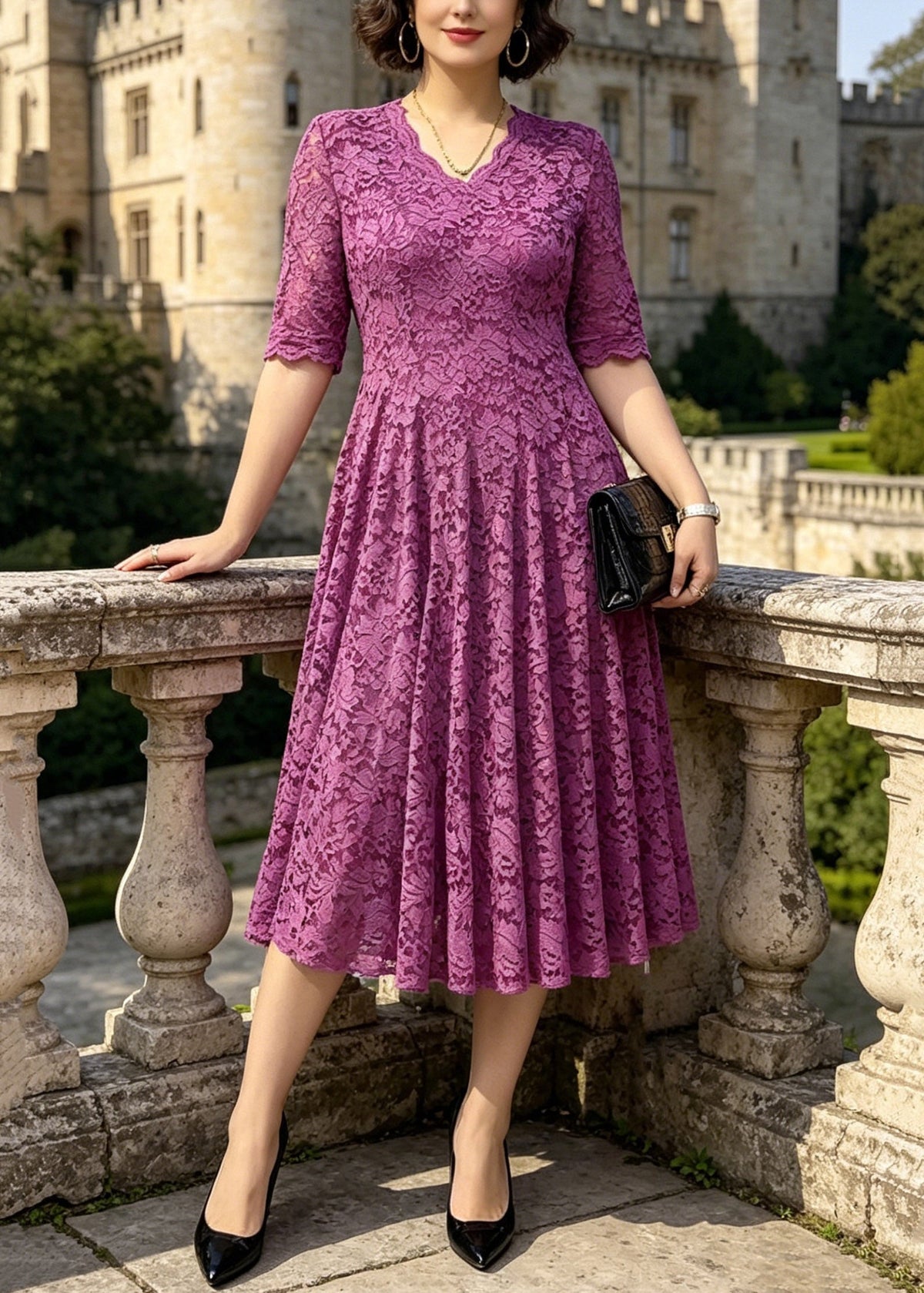 Lace Floral V-Neck Elbow Sleeve Scalloped Trim Midi Dress